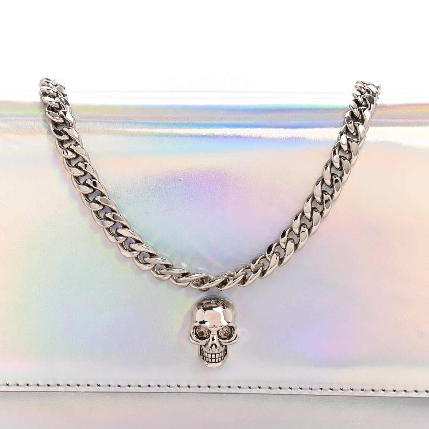 Iridescent Calfskin Skull Crossbody Silver