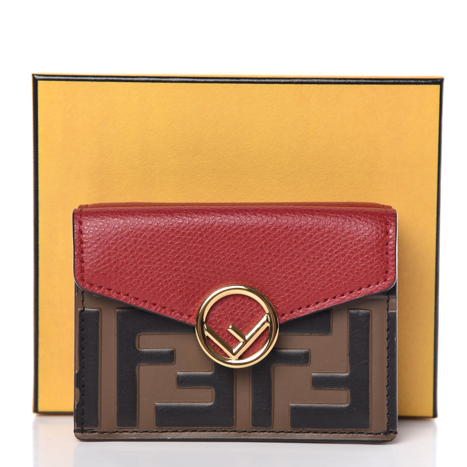 Fendi Vitello Cruise F is Fendi Bi-Color FF 1974 Embossed Micro Tri-Fold Envelope Wallet Maya Black Fragola 9 of 9