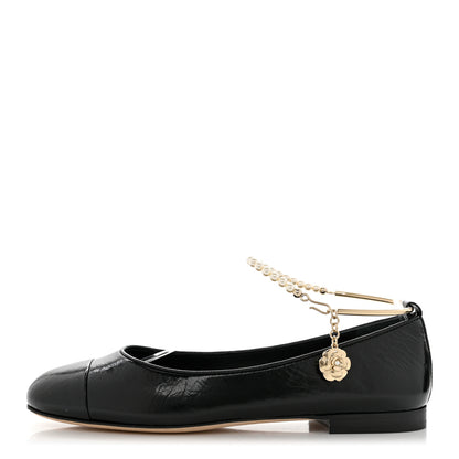 Chanel Lambskin Patent Calfskin Cap Toe Ankle Chain Ballerina Flats 37 Black 1 of 9