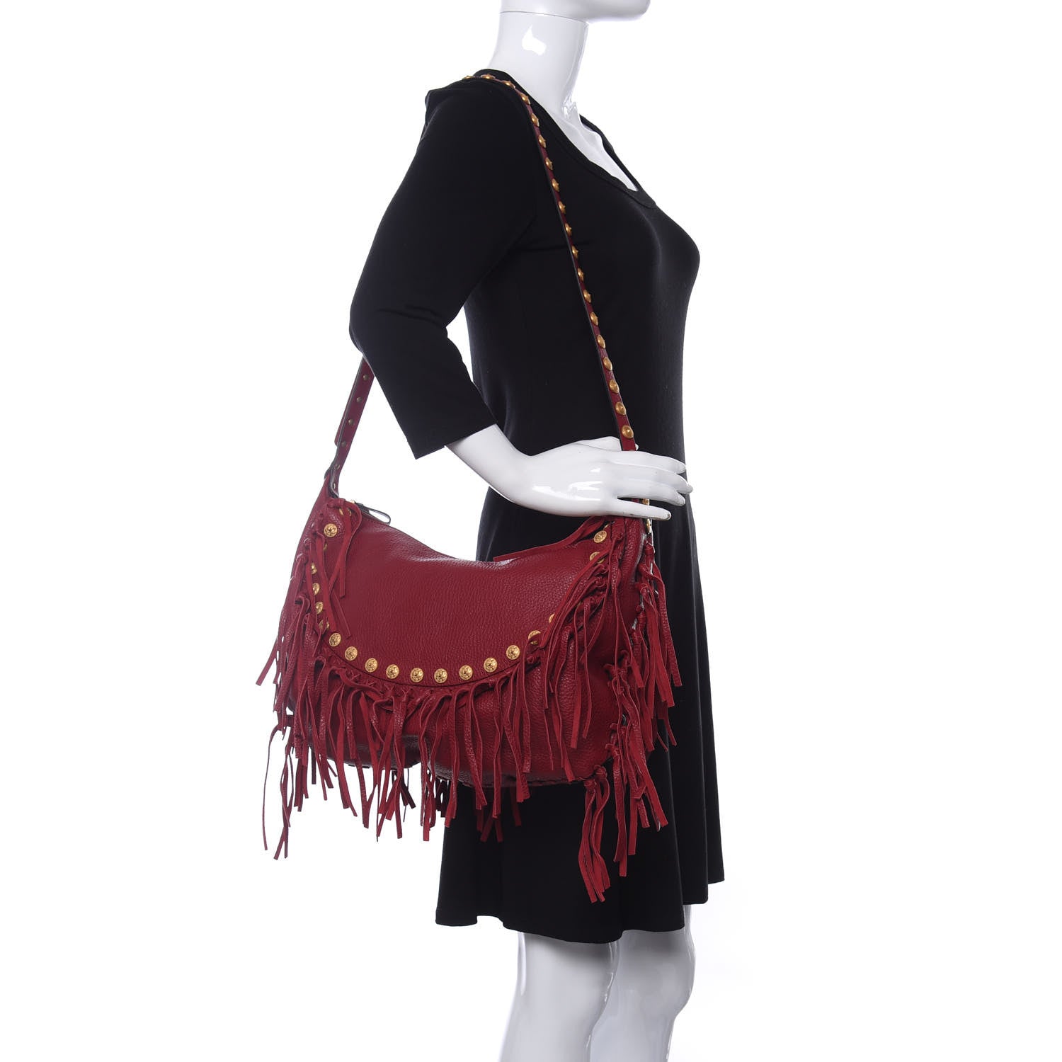 Valentino Garavani Grained Calfskin C-Rockee Fringe Hobo Scarlet 3 of 10