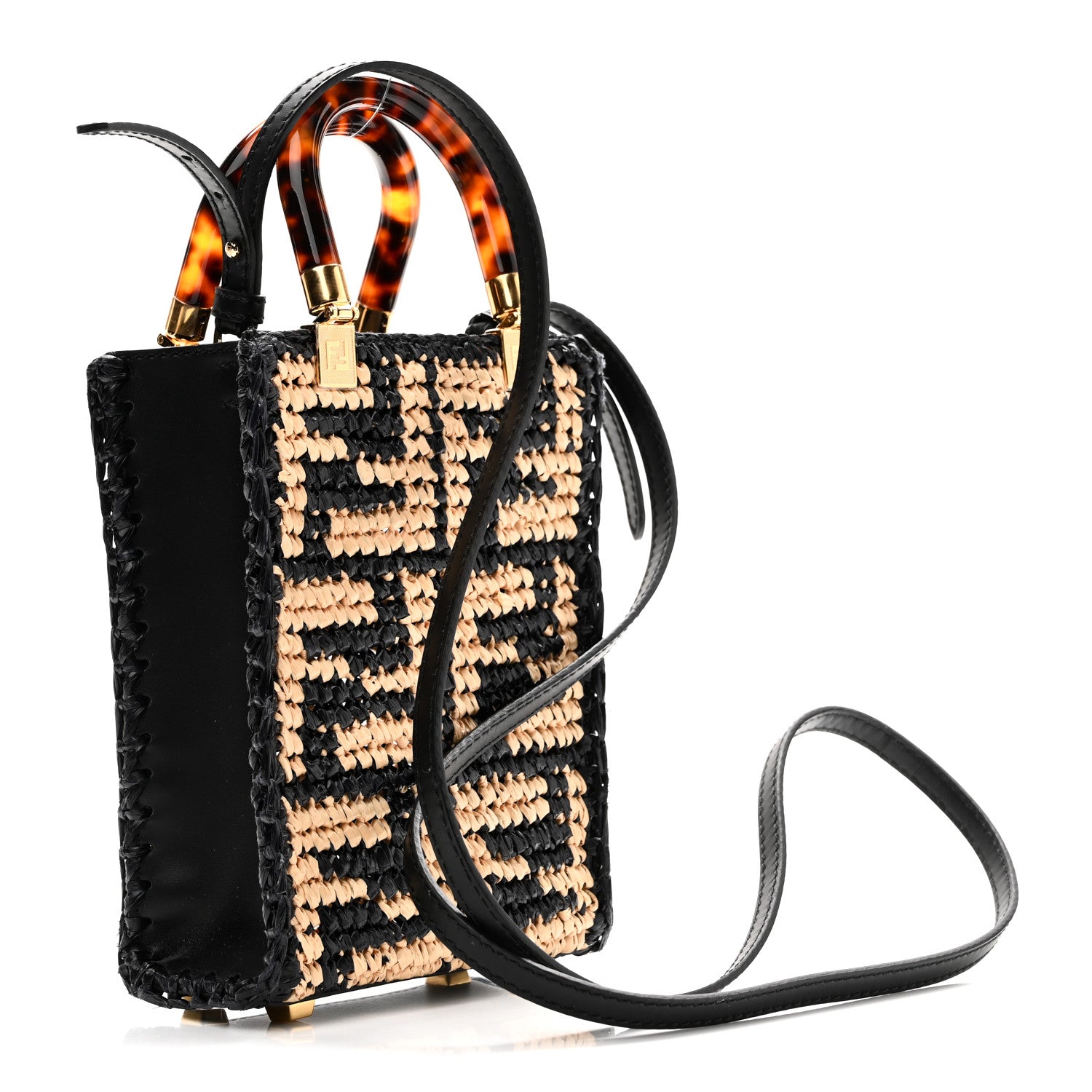 FENDI バッグ Fendi Raffia Plexiglass Crochet Mini Sunshine Shopper Tote Black