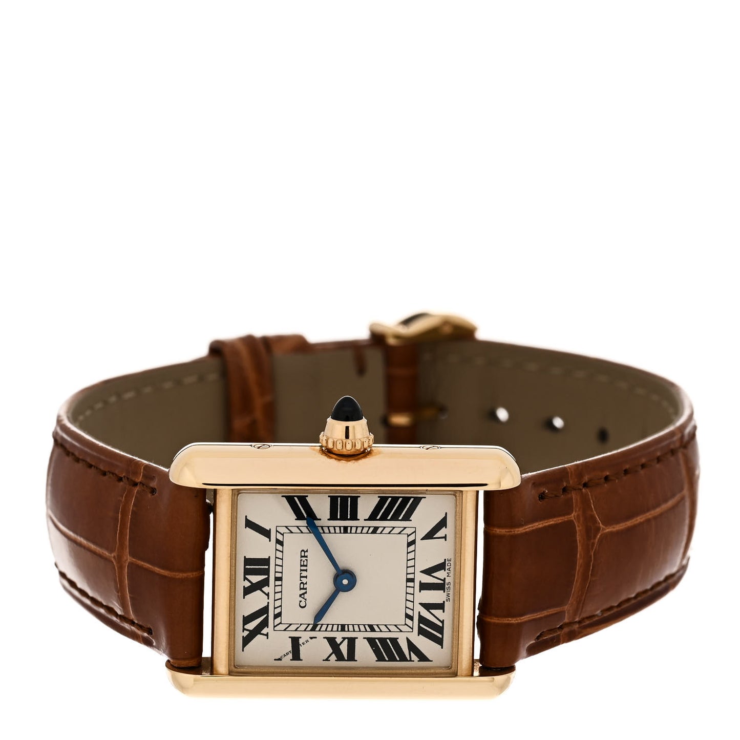 18K Yellow Gold Alligator 22mm Tank Louis Quartz Watch Brown