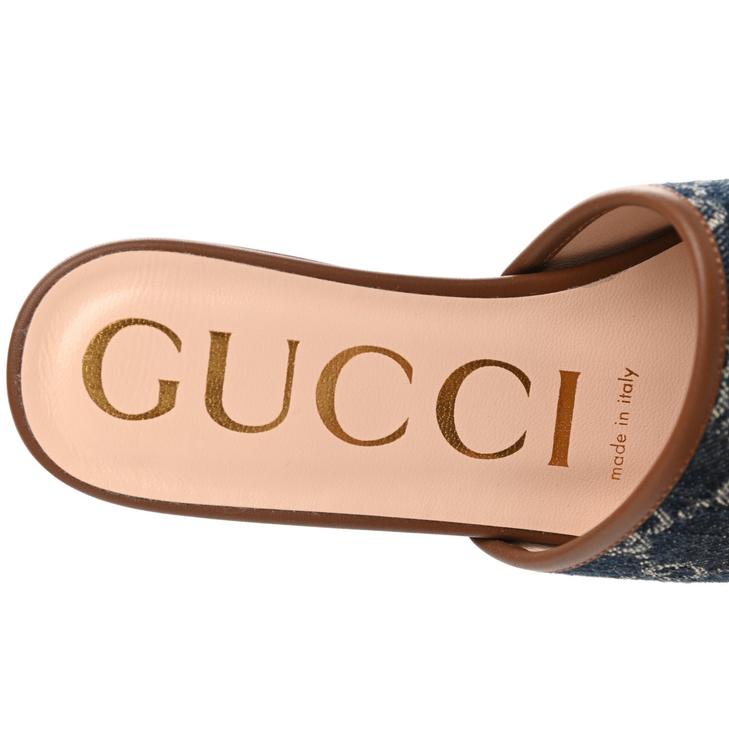 New Denim GG Monogram Miro Soft Calfskin Jolie Slide Sandals 35 Blue Tea Cuir Epilog