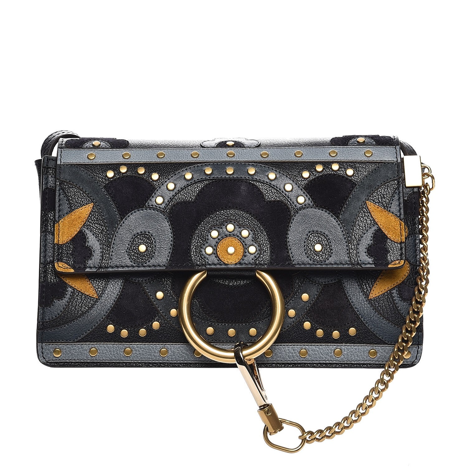 Chloe Calfskin Suede Floral Patchwork Studded Small Faye Shoulder Bag Full Blue 1 of 8