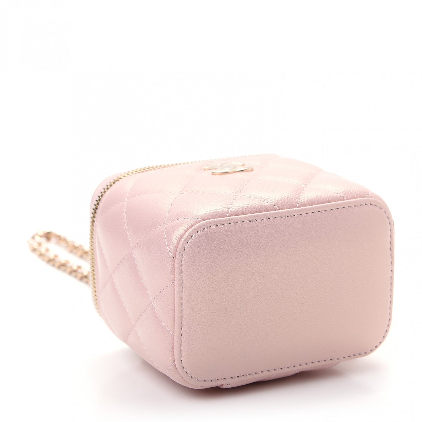 Iridescent Caviar Quilted Mini Pearl On Top Vanity Case With Chain Light Pink