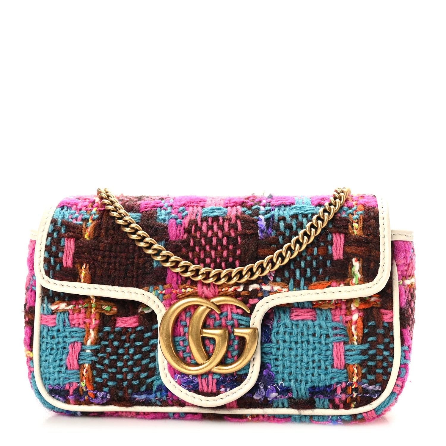 Gucci Tweed Calfskin Spicy Check Super Mini GG Marmont Shoulder Bag Pink Multicolor Mystic White 1 of 9