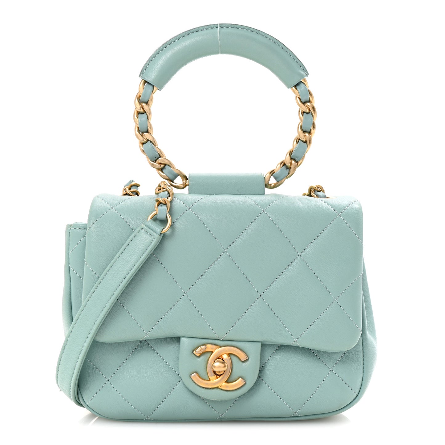 Lambskin Quilted Small Circular Handle Bag Blue