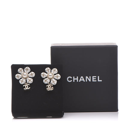 Chanel Enamel Pearl CC Flower Drop Earrings White Gold 5 of 5