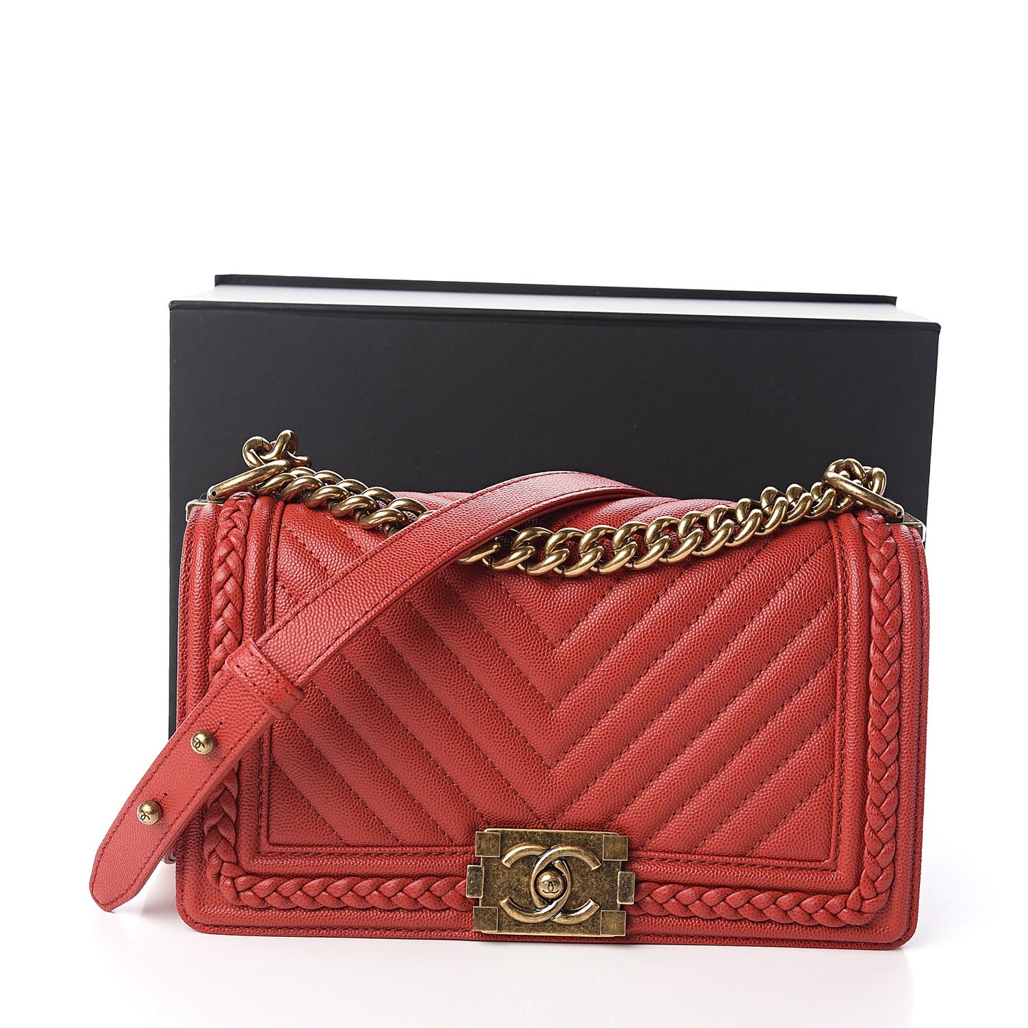 Caviar Chevron Quilted Braided Medium Boy Flap Red