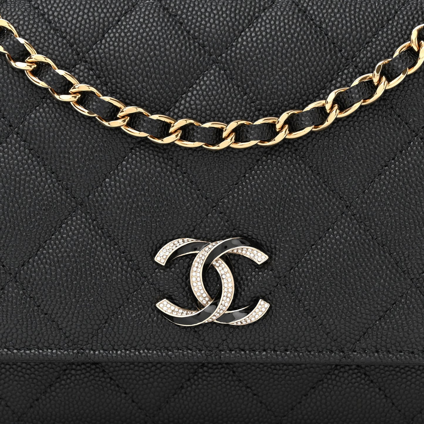 Caviar Quilted Crystal Enamel CC Wallet On Chain WOC Black