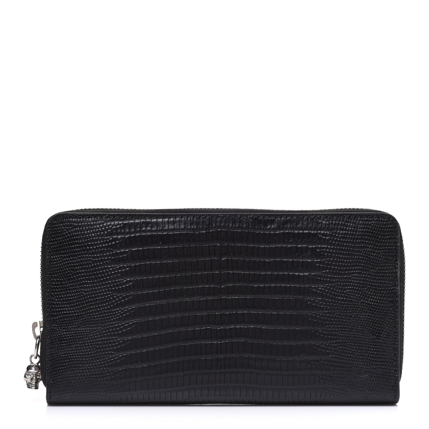 Calfskin Lizard Embossed Skull Continental Zip Wallet Black