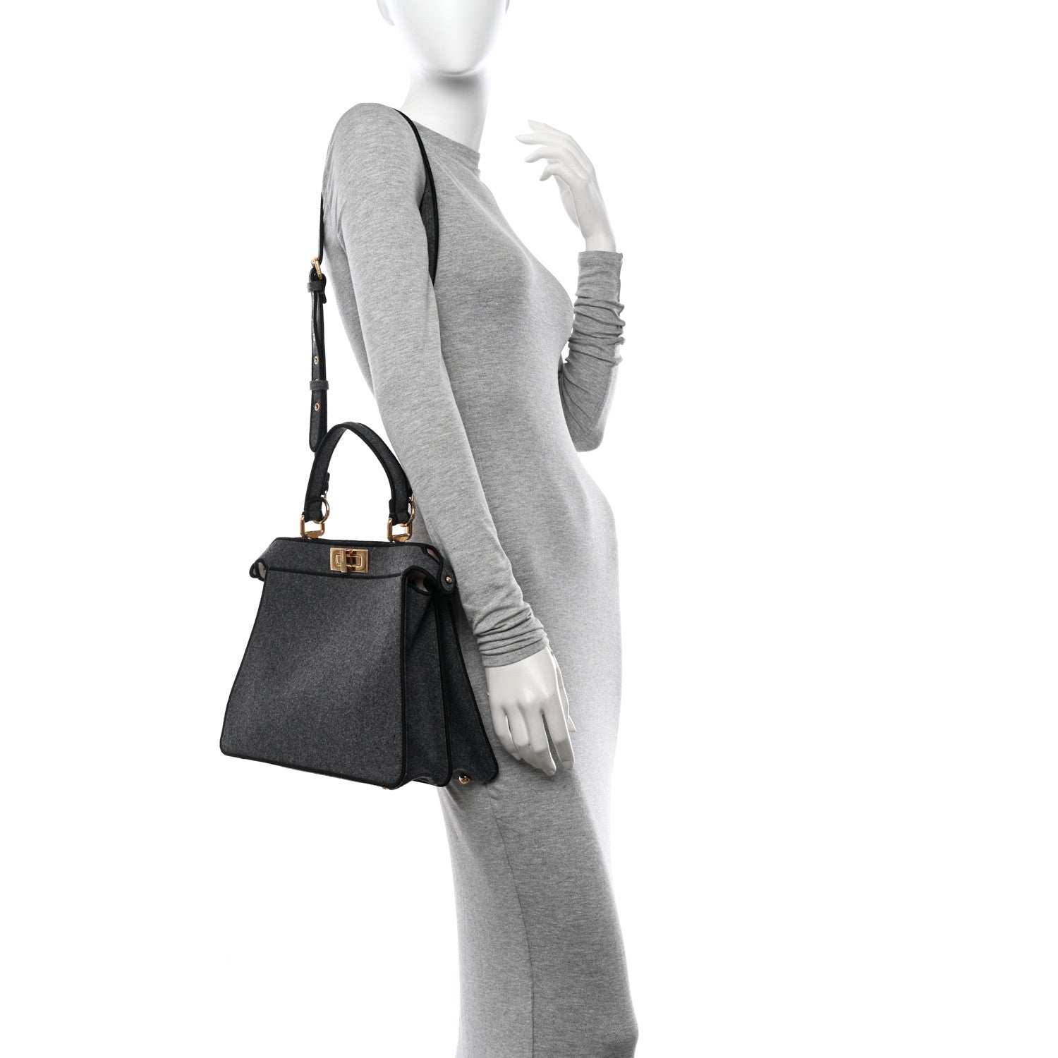 Fendi Melange Flannel Satin Threaded Edge Medium Peekaboo I SEE U Satchel Grigio Bois de Rose 2 of 18