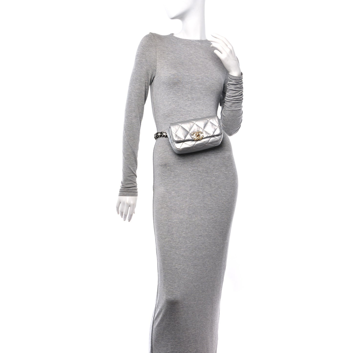 Metallic Goatskin Quilted Chanel 19 Waist Bag Silver