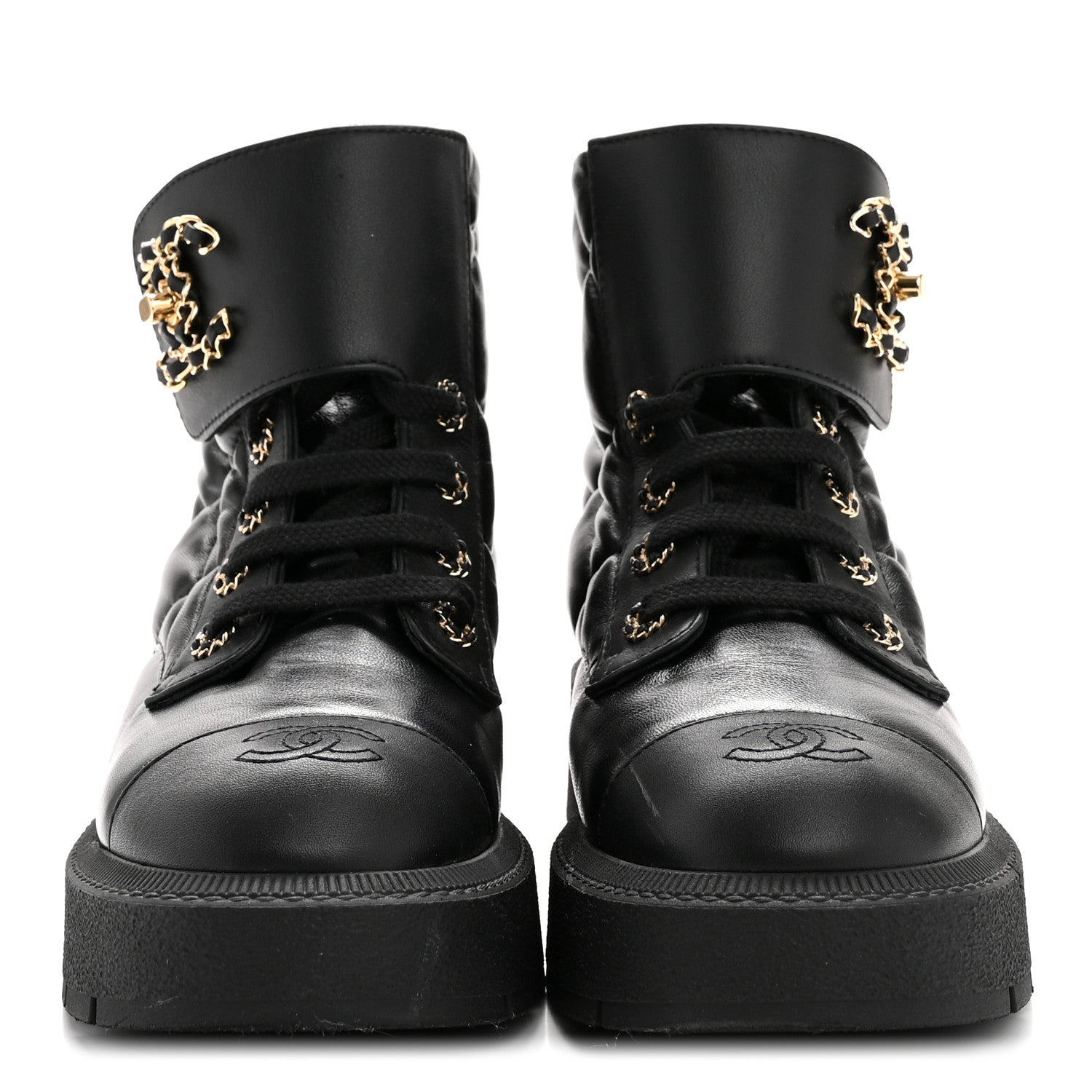 Chanel Lambskin Calfskin Quilted Lace Up Combat Boots 38 Black 3 of 10