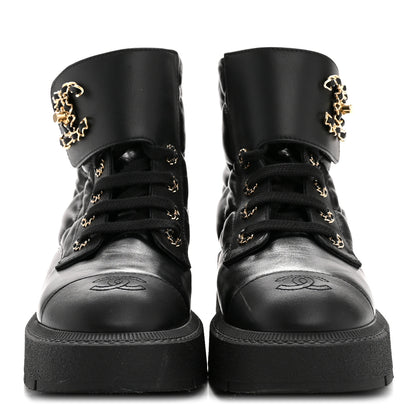 Chanel Lambskin Calfskin Quilted Lace Up Combat Boots 38 Black 3 of 10