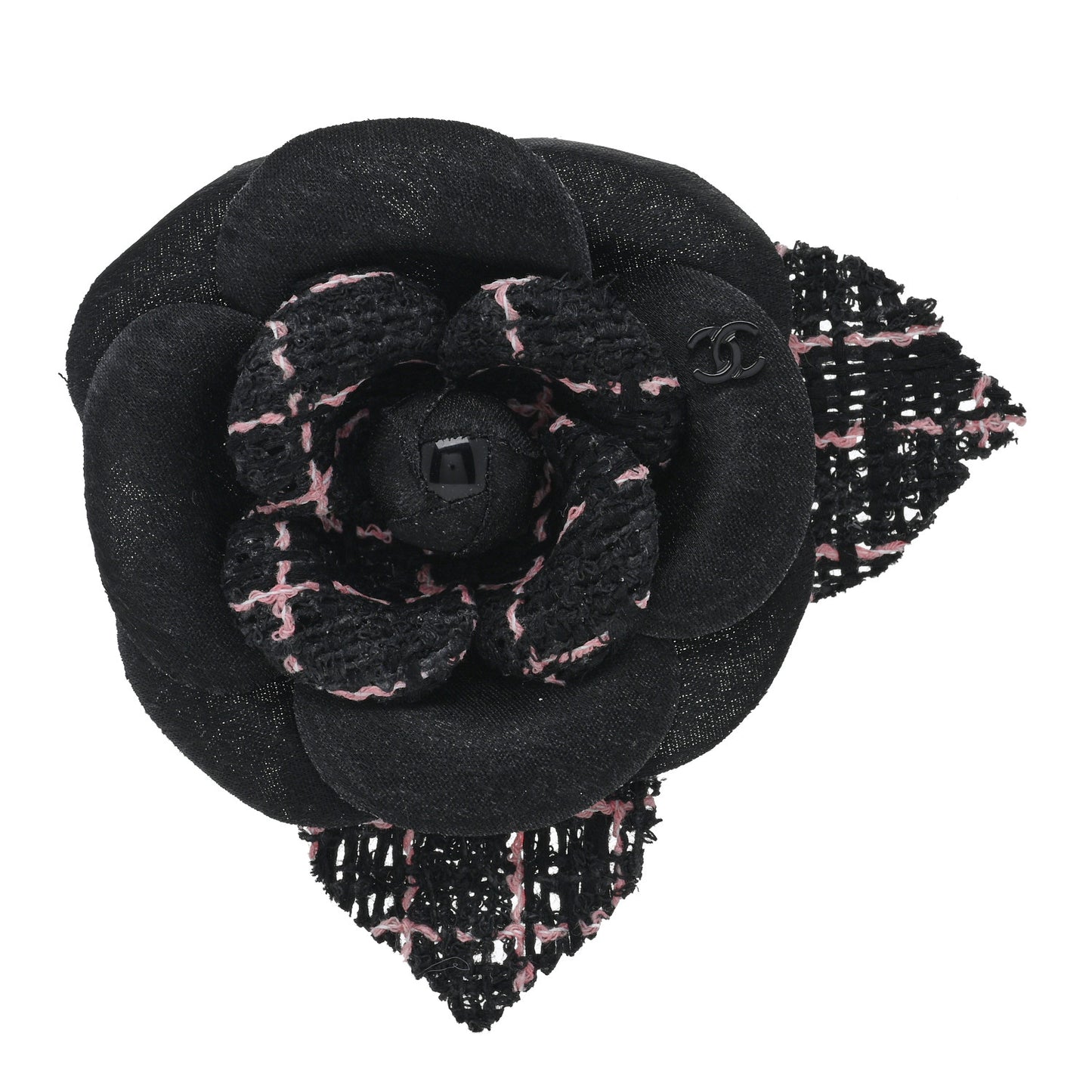 Tweed Camellia Pin Brooch Black Pink