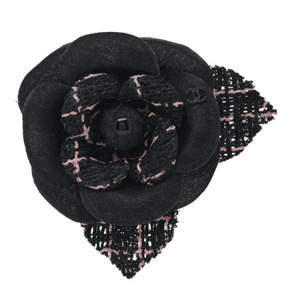 Chanel Tweed Camellia Pin Brooch Black Pink 1 of 3