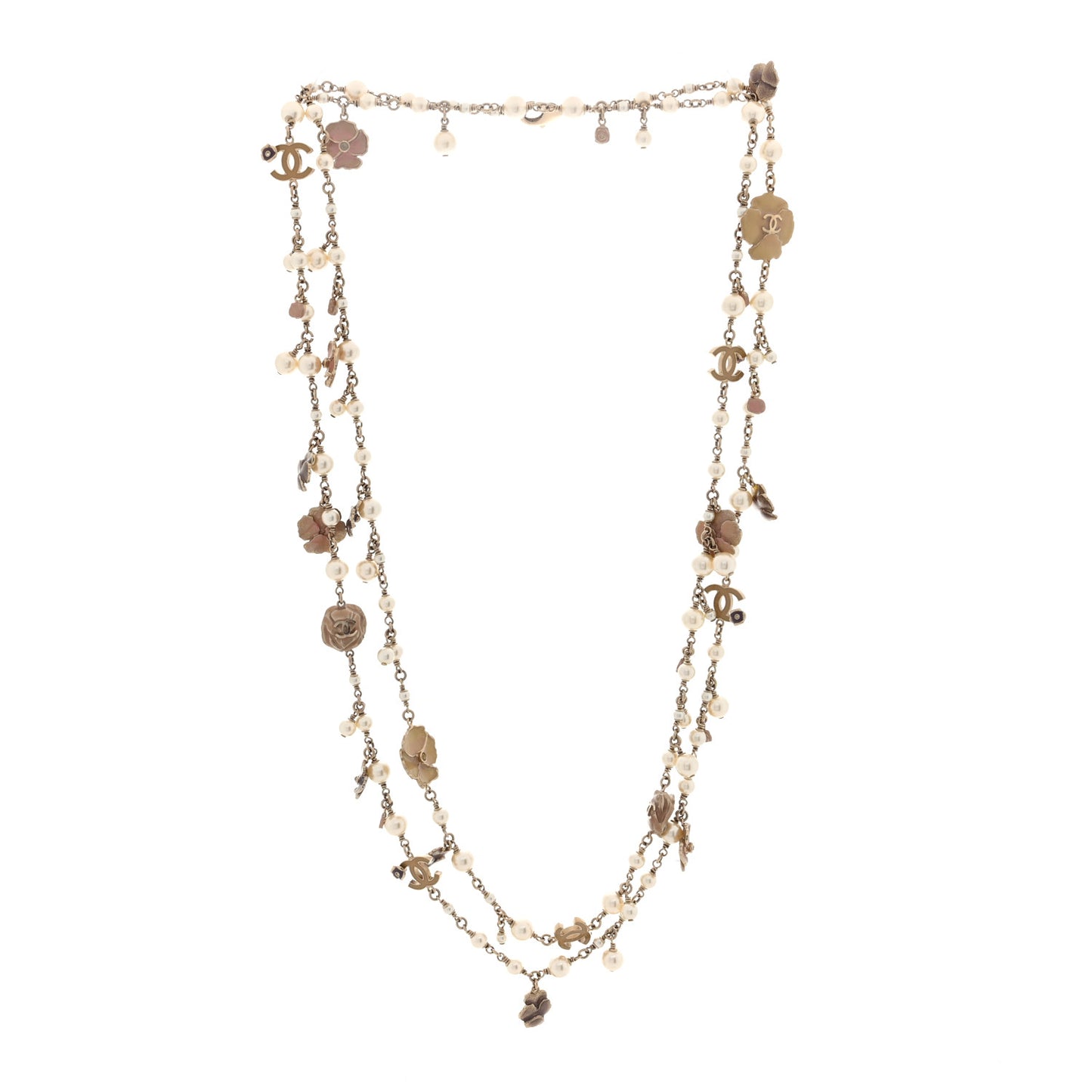 Pearl Enamel CC Camellia Long Necklace Gold Beige Pink