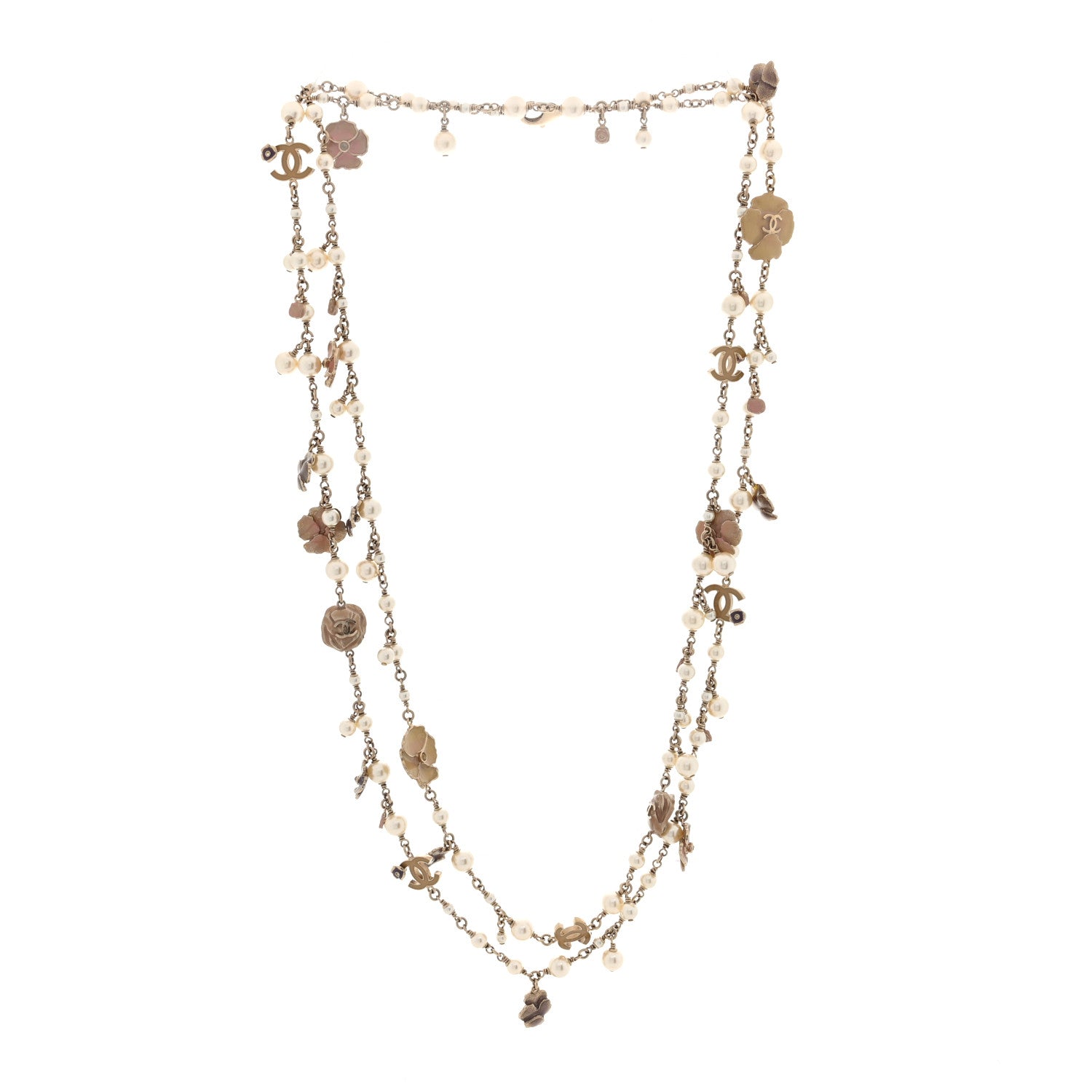 Chanel Pearl Enamel CC Camellia Long Necklace Gold Beige Pink 3 of 4