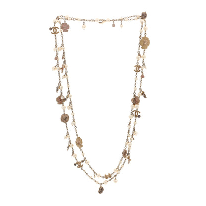 Chanel Pearl Enamel CC Camellia Long Necklace Gold Beige Pink 3 of 4
