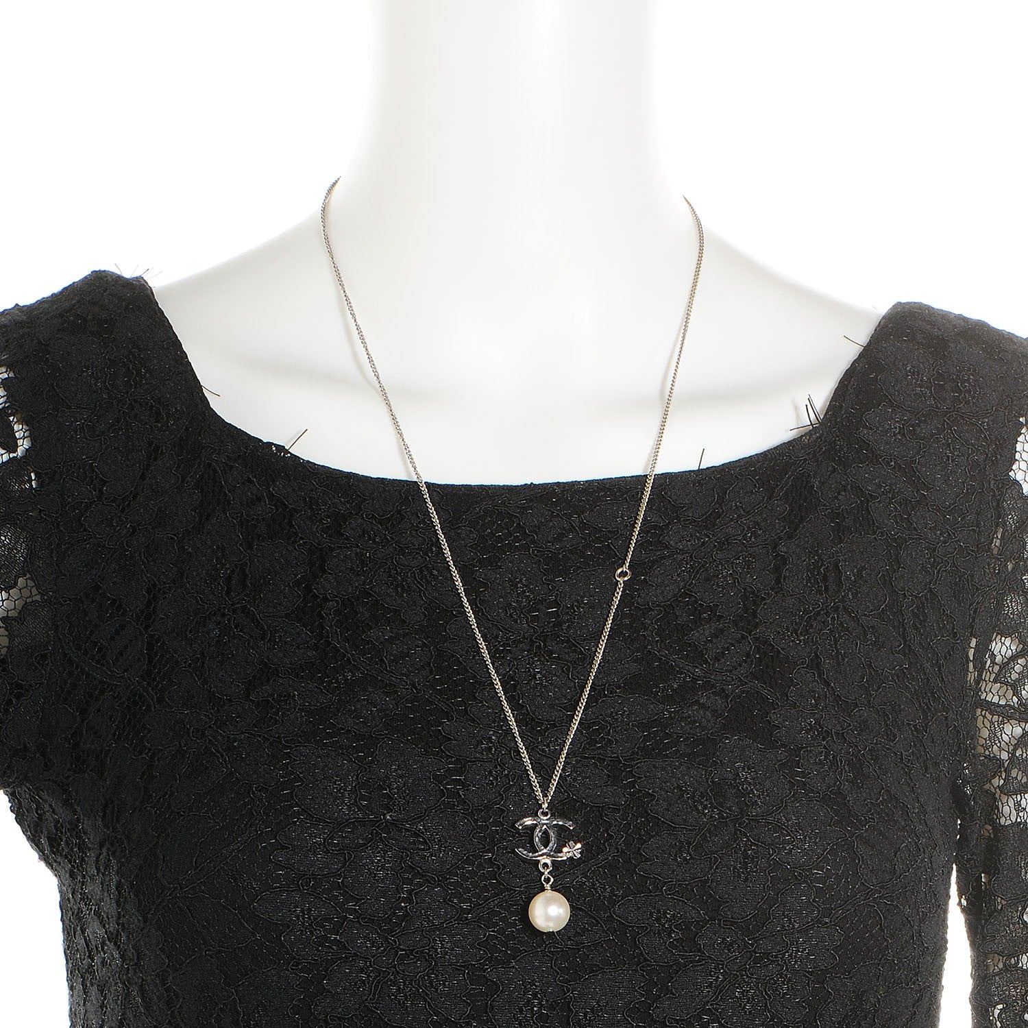 Chanel Pearl Clover CC Drop Necklace Silver 2 of 3