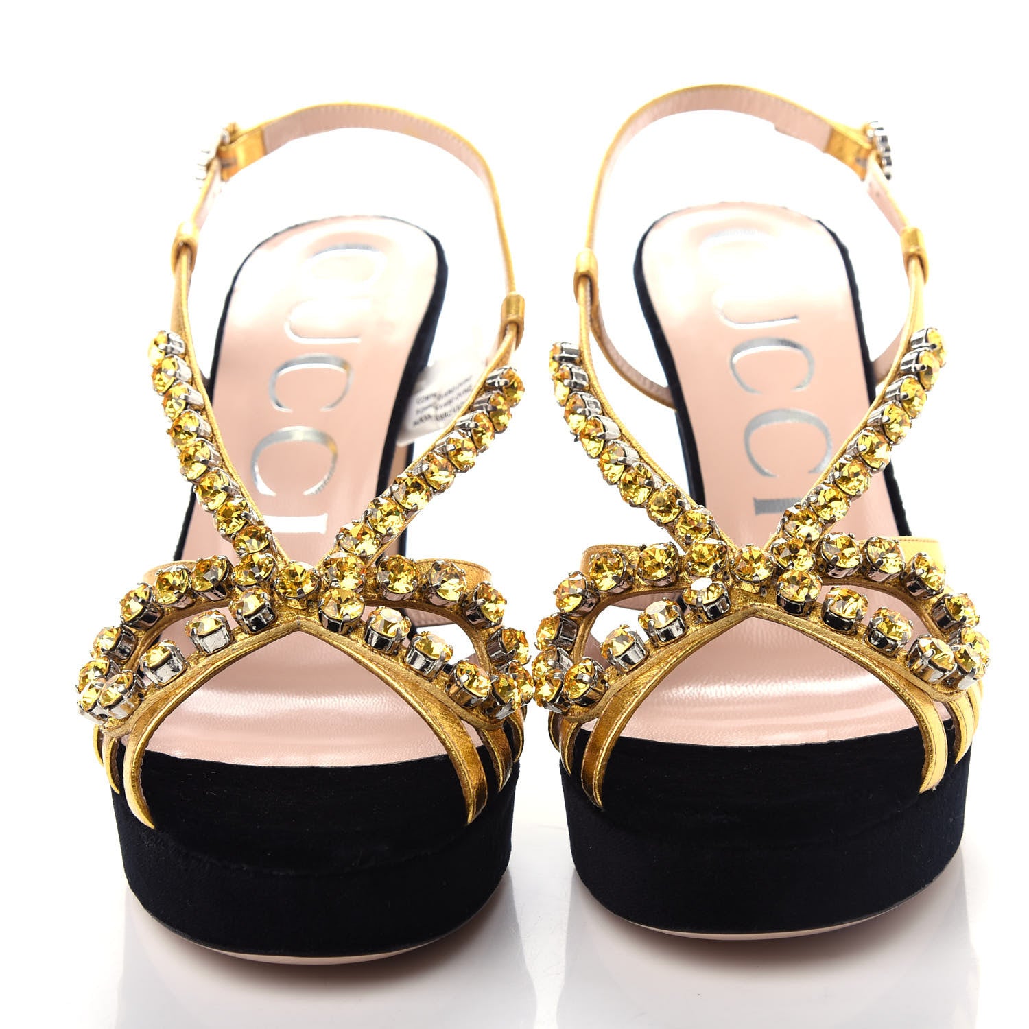Gucci Velvet Nappa Crystal Zephyra Slingback Platform High Heel Sandals 37.5 Black Gold 5 of 10