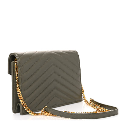 Saint Laurent Lambskin Matelasse Chevron Monogram Envelope Chain Wallet  Green 3 of 10