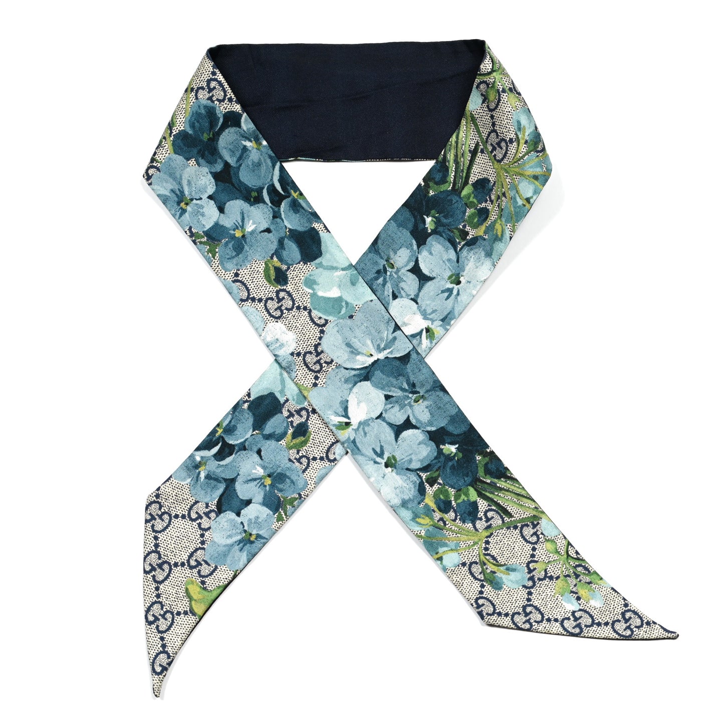 Silk Twill GG Monogram Bloomy GG Neck Bow Scarf Midnight Blue Sky Blue