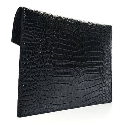 Saint Laurent Calfskin Crocodile Embossed Uptown Monogram Pouch Black 3 of 10