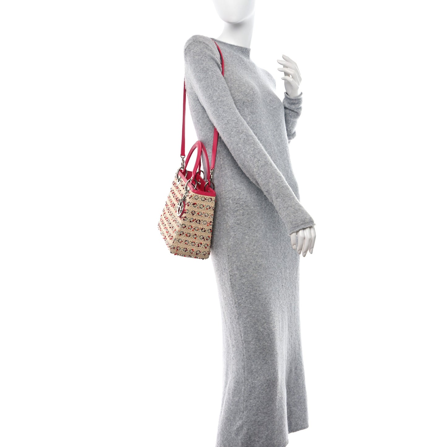 Raffia Tweed Medium Lady Dior Pink Beige