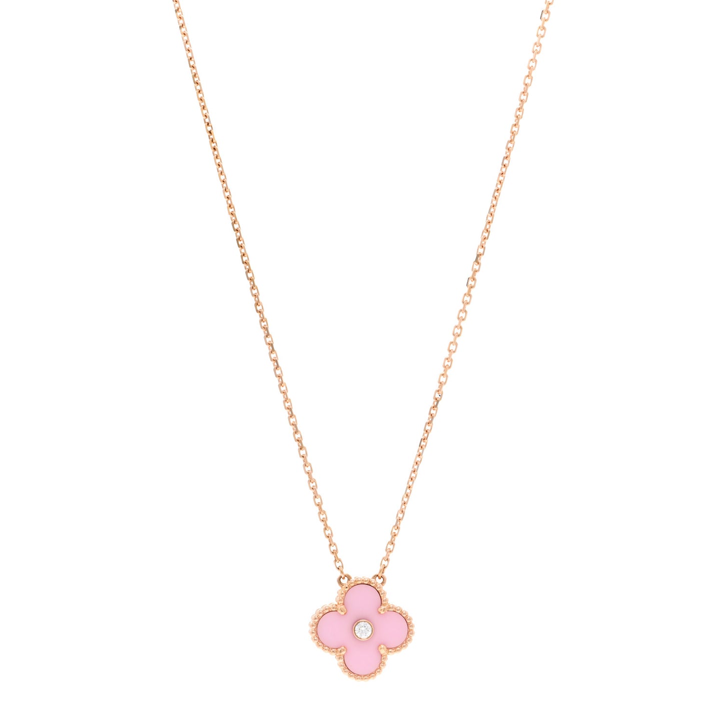 18K Rose Gold Diamond Pink Porcelain Vintage Alhambra Pendant Necklace