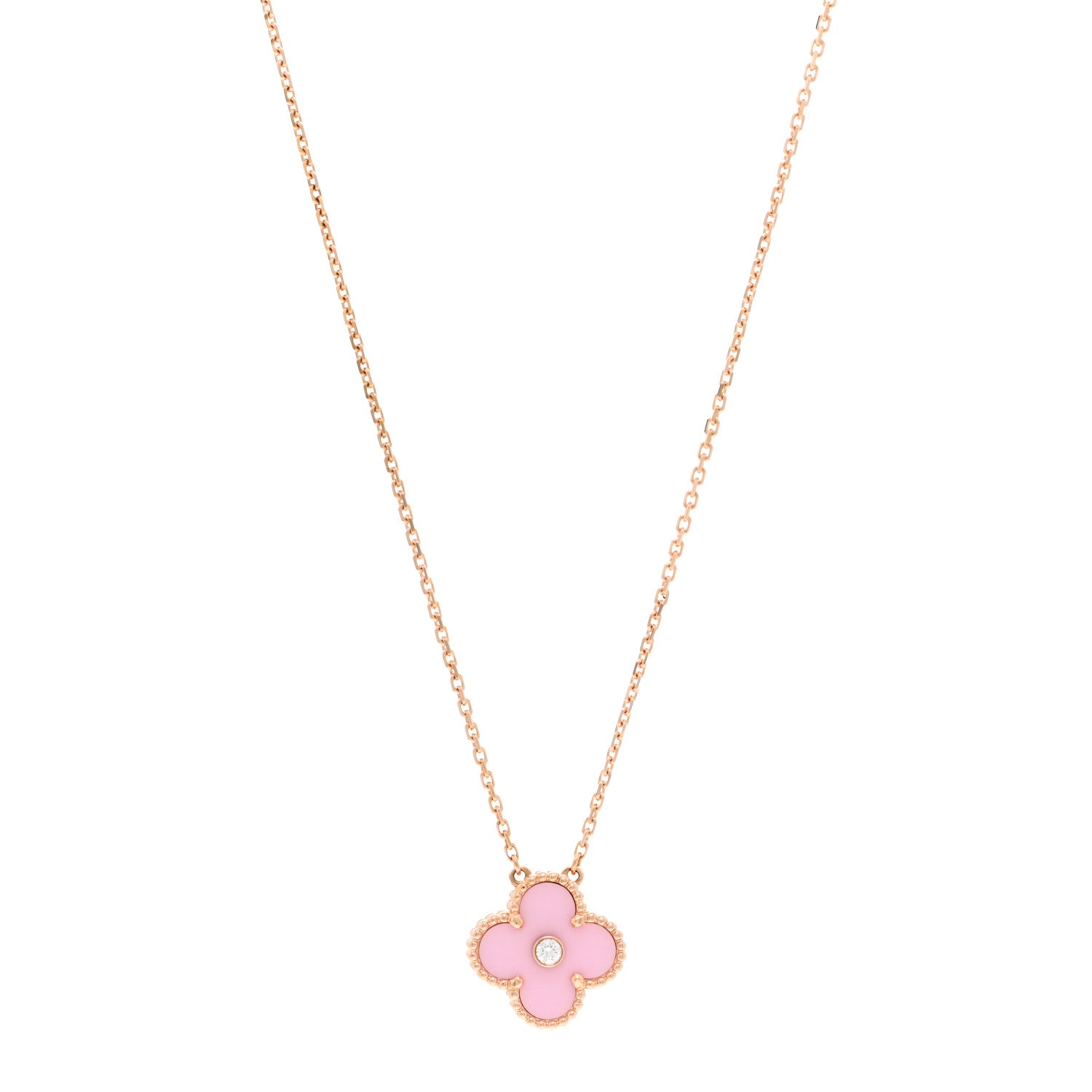 Van Cleef & Arpels 18K Rose Gold Diamond Pink Porcelain Vintage Alhambra Pendant Necklace 1 of 6