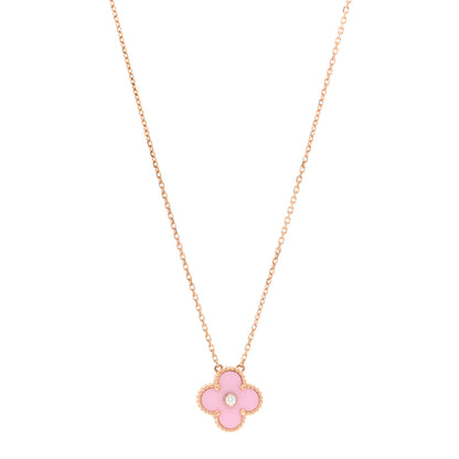 Van Cleef & Arpels 18K Rose Gold Diamond Pink Porcelain Vintage Alhambra Pendant Necklace 1 of 6