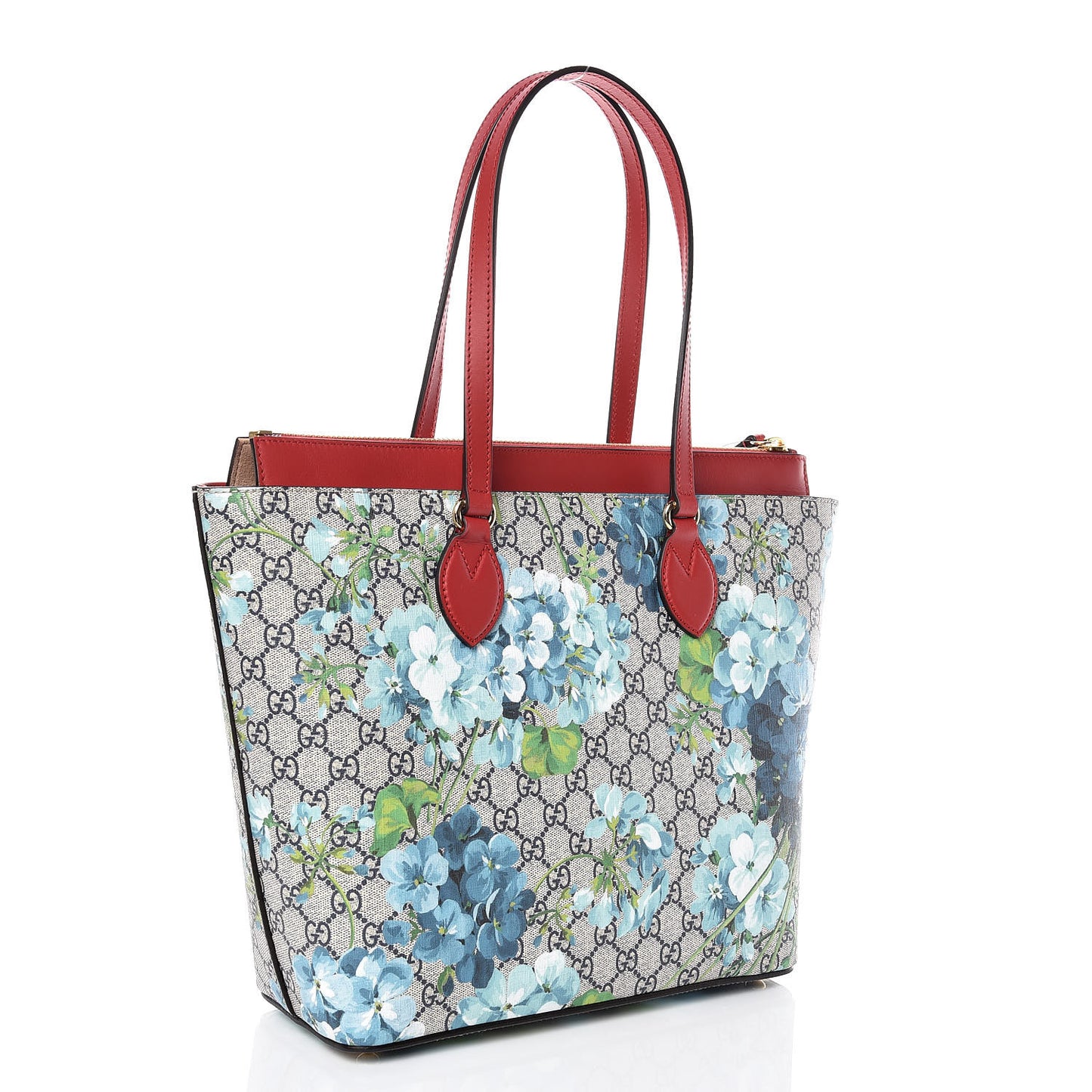 GG Supreme Monogram Blooms Medium Zippered Bucket Tote Beige Blue Navy Hibiscus Red