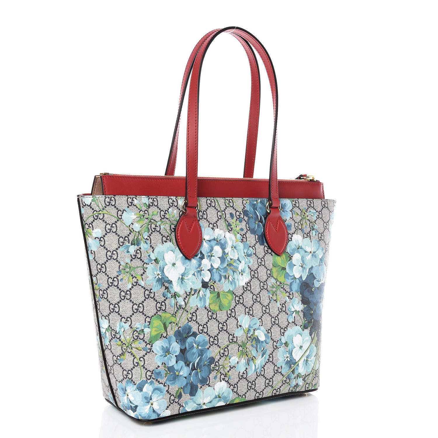 Gucci GG Supreme Monogram Blooms Medium Zippered Bucket Tote Beige Blue Navy Hibiscus Red 3 of 9