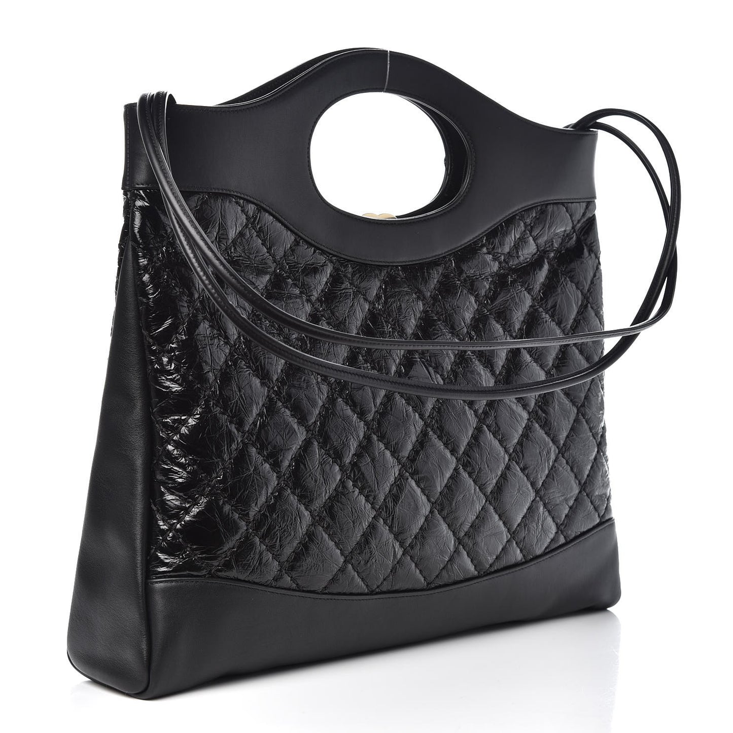 Crumpled Calfskin Quilted 31 Large Shopping Bag Black