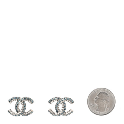 Chanel Metal Baguette Crystal CC Earrings Silver Blue 2 of 5