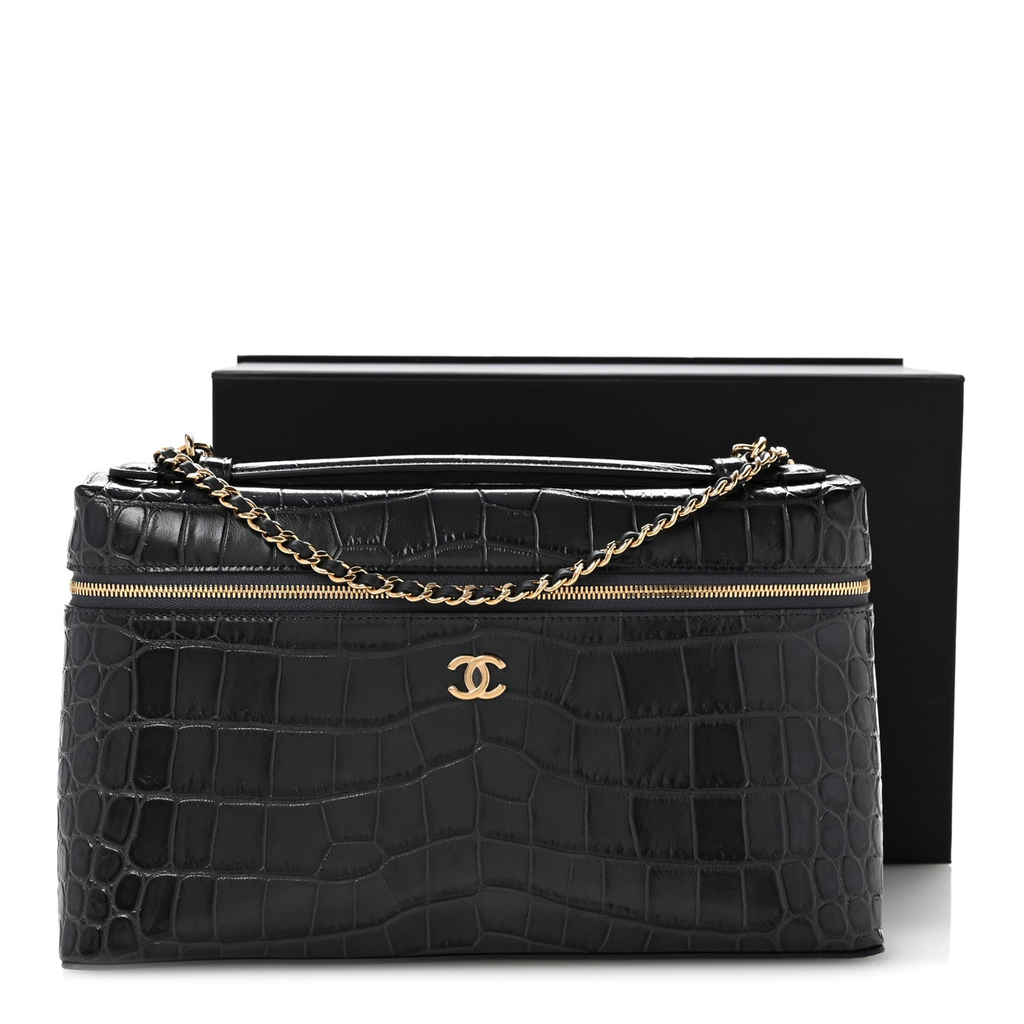 Calfskin Crocodile Embossed Top Handle Vanity Case With Chain Black Grey
