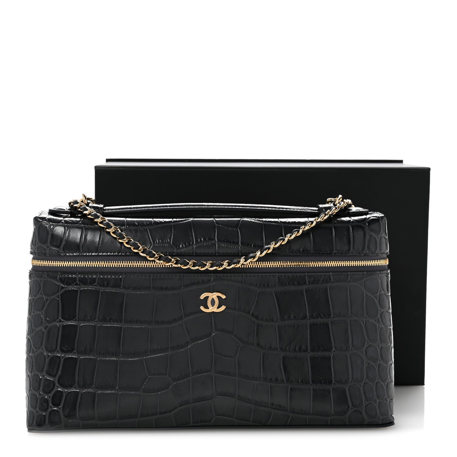Chanel Calfskin Crocodile Embossed Top Handle Vanity Case With Chain Black Grey 11 of 11