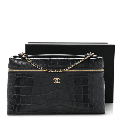 Chanel Calfskin Crocodile Embossed Top Handle Vanity Case With Chain Black Grey 11 of 11