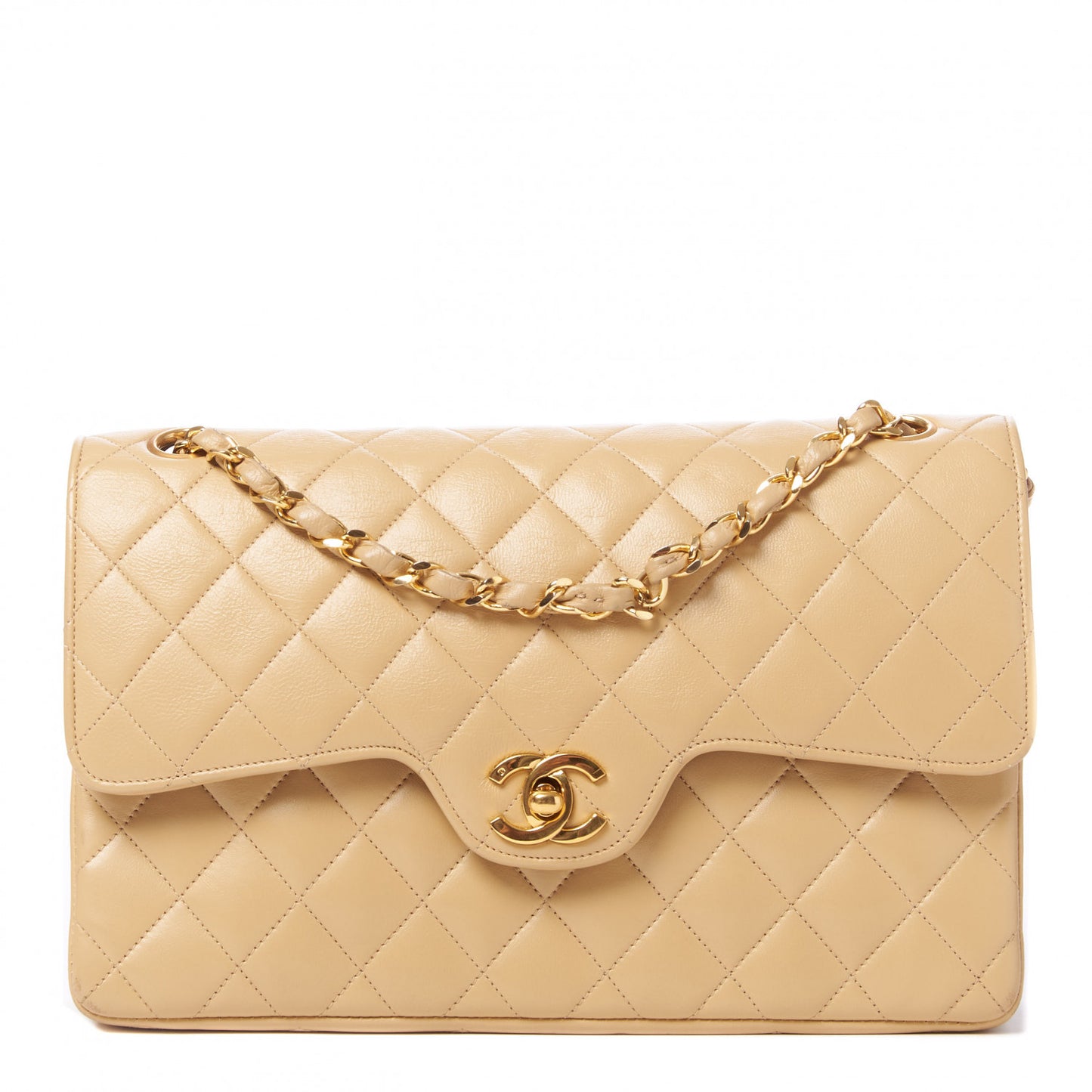 Lambskin Quilted Medium Double Flap Beige