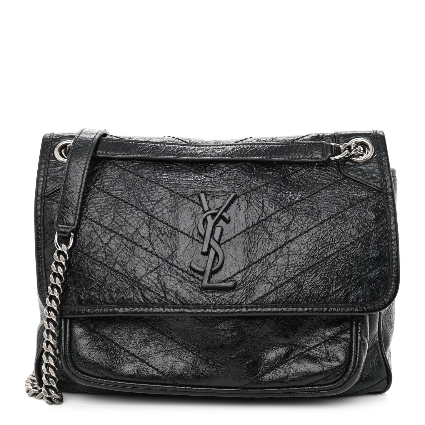 Crinkled Calfskin Matelasse Monogram Medium Niki Chain Satchel Black