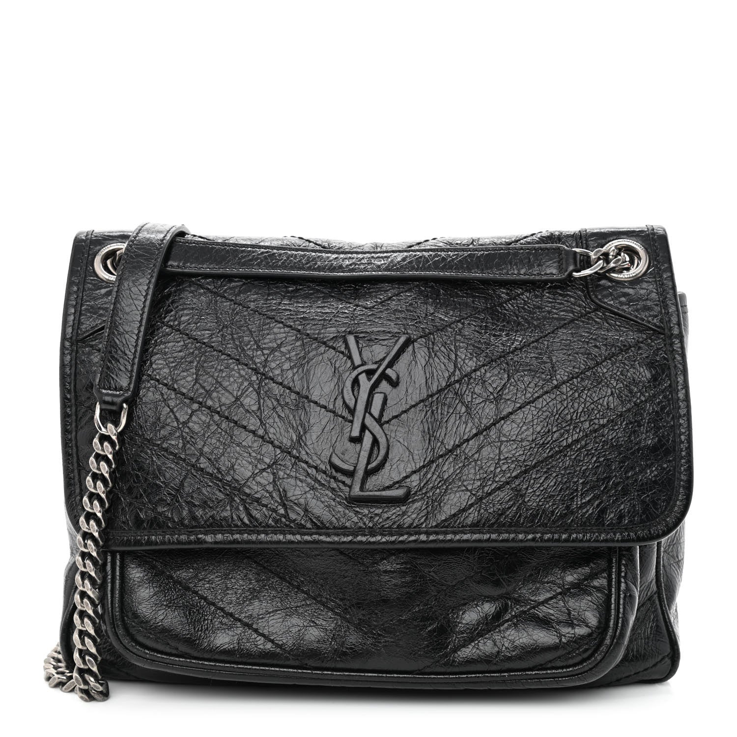 Saint Laurent Crinkled Calfskin Matelasse Monogram Medium Niki Chain Satchel Black 1 of 10