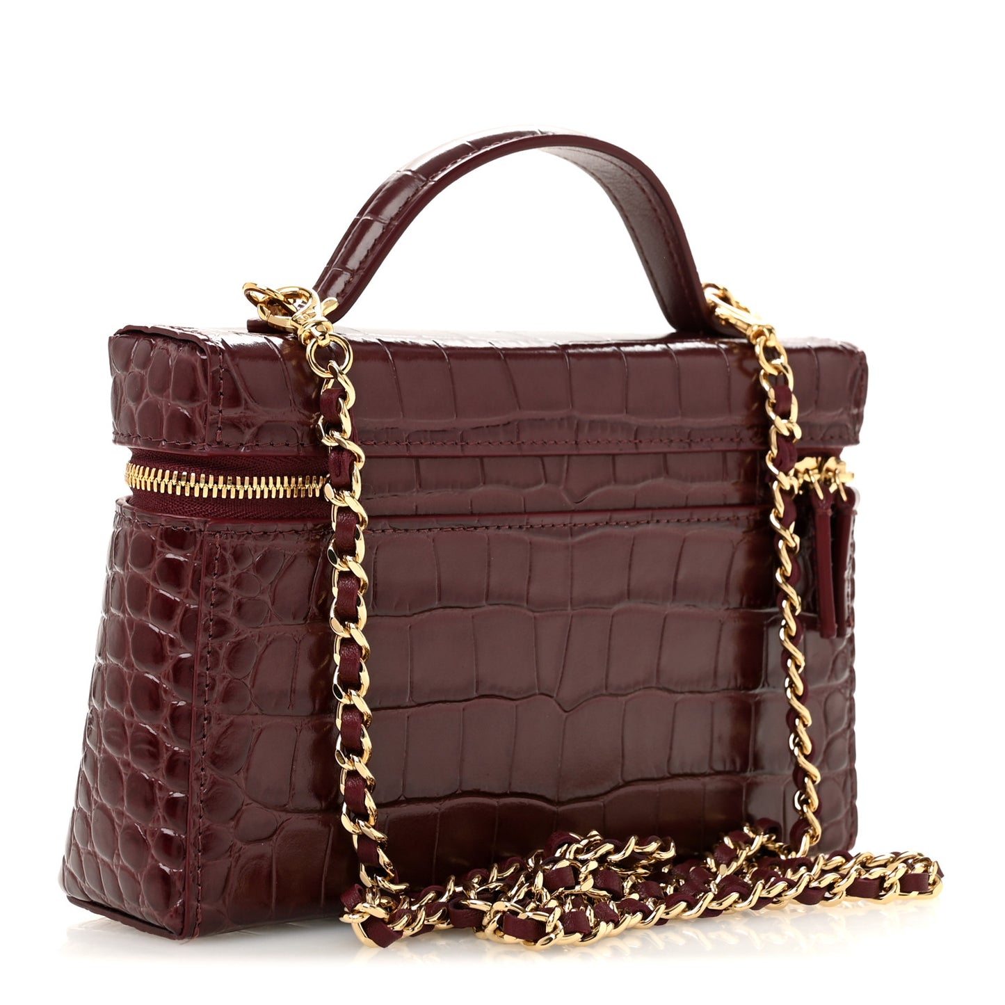 Calfskin Crocodile Embossed Crococo Top Handle Slim Vanity Case With Chain Dark Burgundy