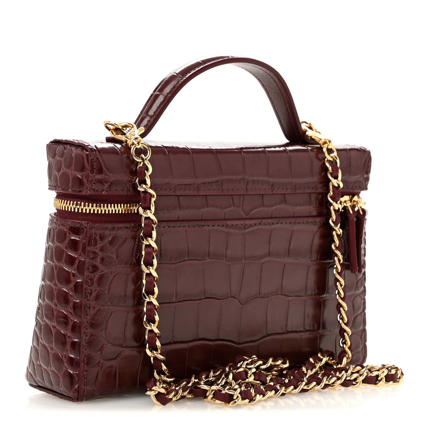 Chanel Calfskin Crocodile Embossed Crococo Top Handle Slim Vanity Case With Chain Dark Burgundy 3 of 11