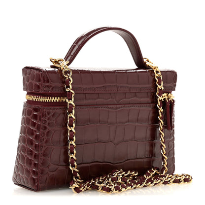Chanel Calfskin Crocodile Embossed Crococo Top Handle Slim Vanity Case With Chain Dark Burgundy 3 of 11