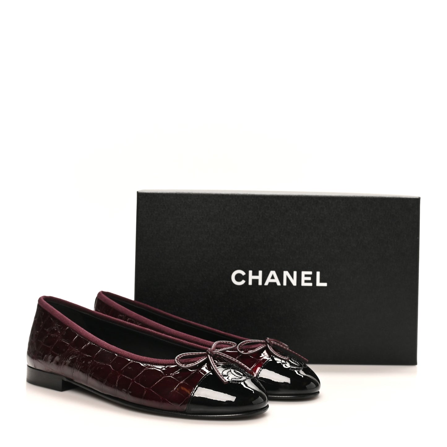 Patent Calfskin Crocodile Embossed Ballerina Flats  38 Dark Burgundy Black