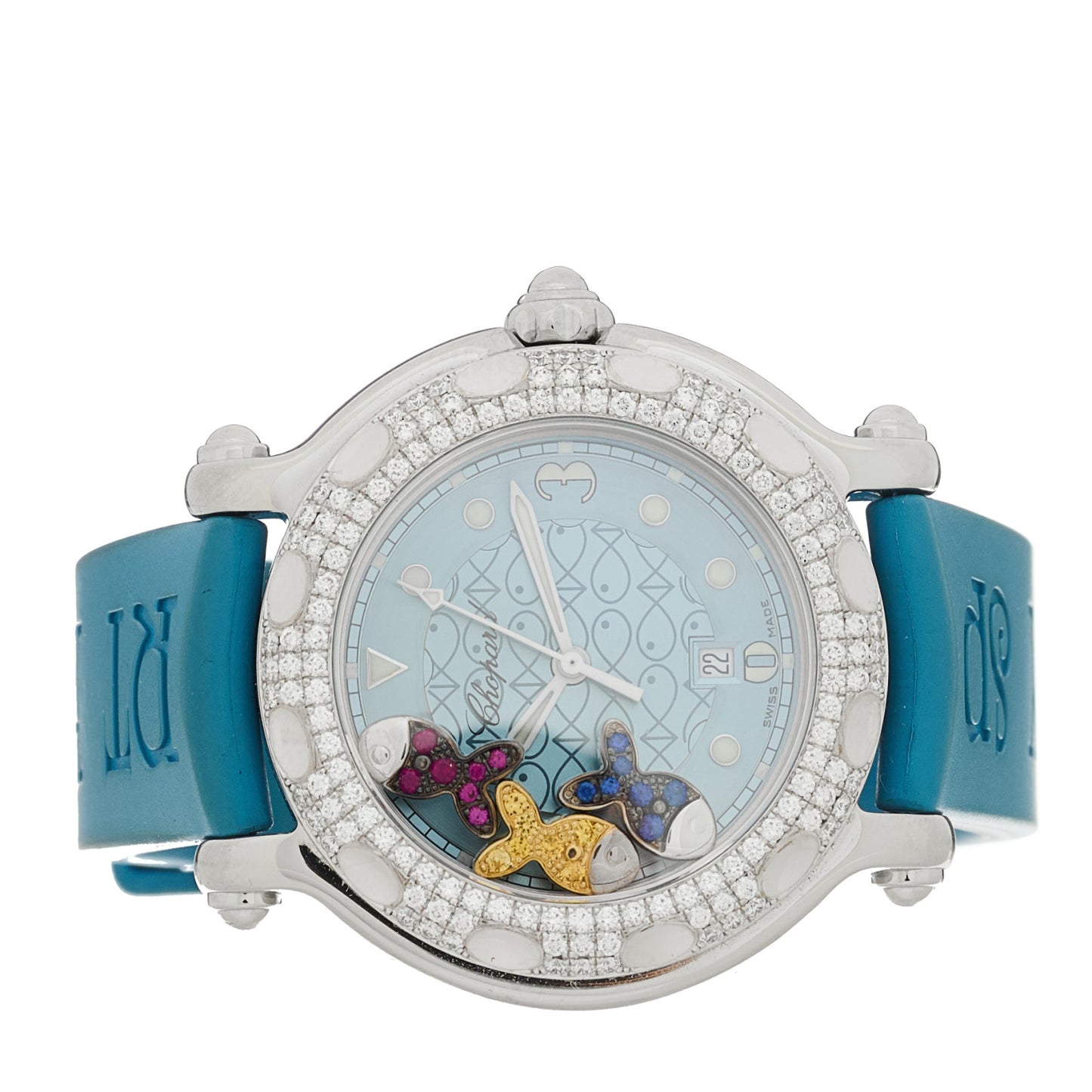 Stainless Steel Rubber Diamond Bezel Ruby Yellow Blue Sapphire 32mm Happy Sport Fish Quartz Watch Blue