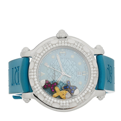 Chopard Stainless Steel Rubber Diamond Bezel Ruby Yellow Blue Sapphire 32mm Happy Sport Fish Quartz Watch Blue 2 of 4