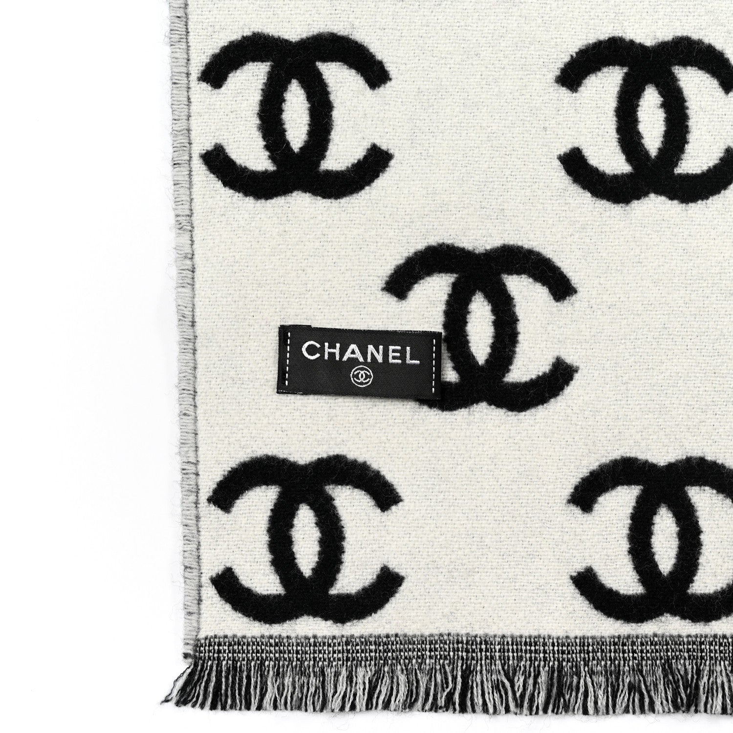 Chanel Wool Cashmere CC Scarf Black White 3 of 3